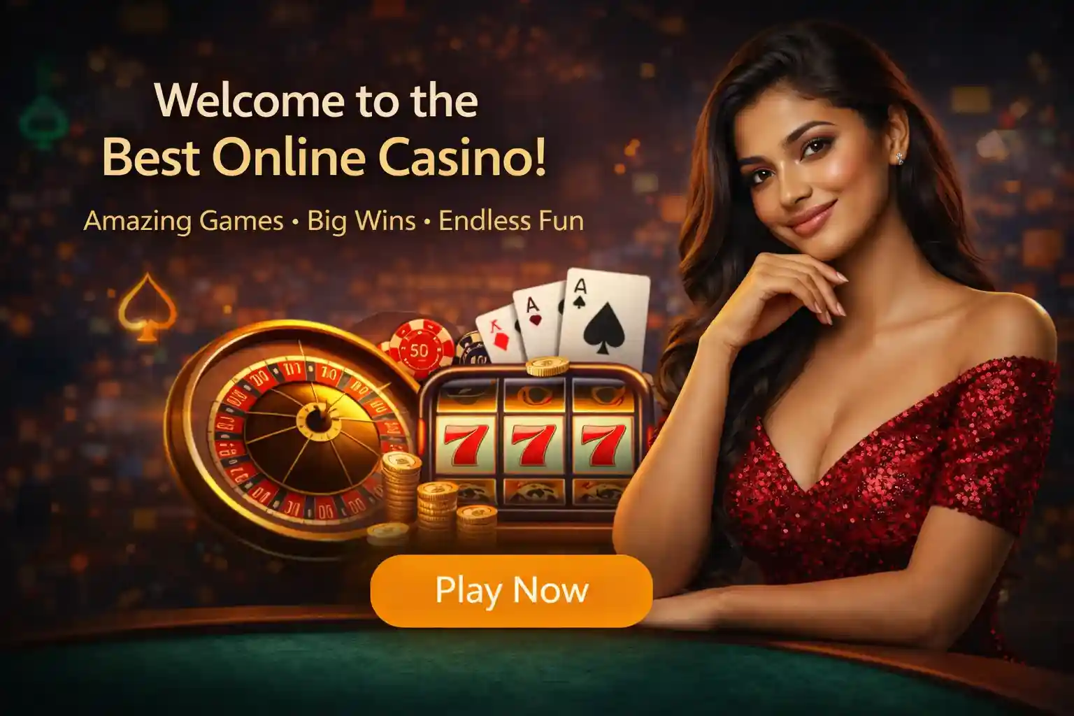 Online Casino Welcome Online casino welcome banner with roulette, slots, and professional hostess in Bangladesh
